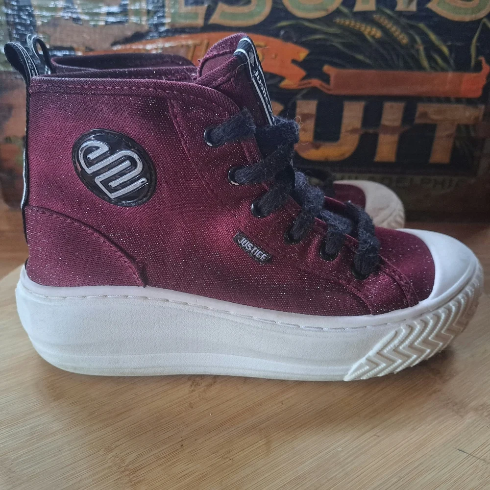 Justice Kids High Top Sneakers Size 4 Burgundy Glitter Lug Sole Casual Shoes